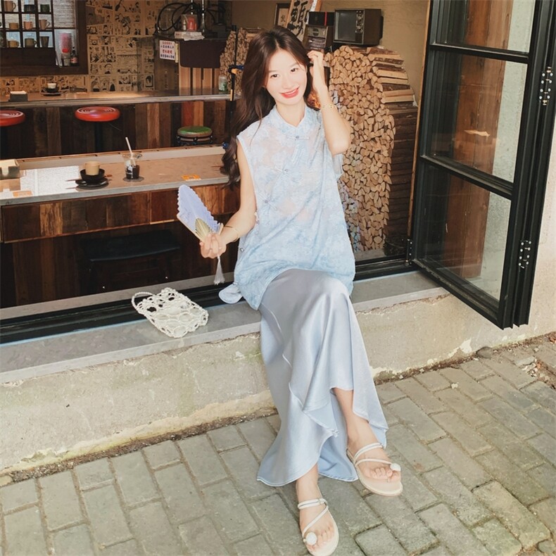 新中式绣花无袖盘扣上衣阔腿裤套装女2025夏季新款独特漂亮两件套,女装套装/套裙,浙宝217