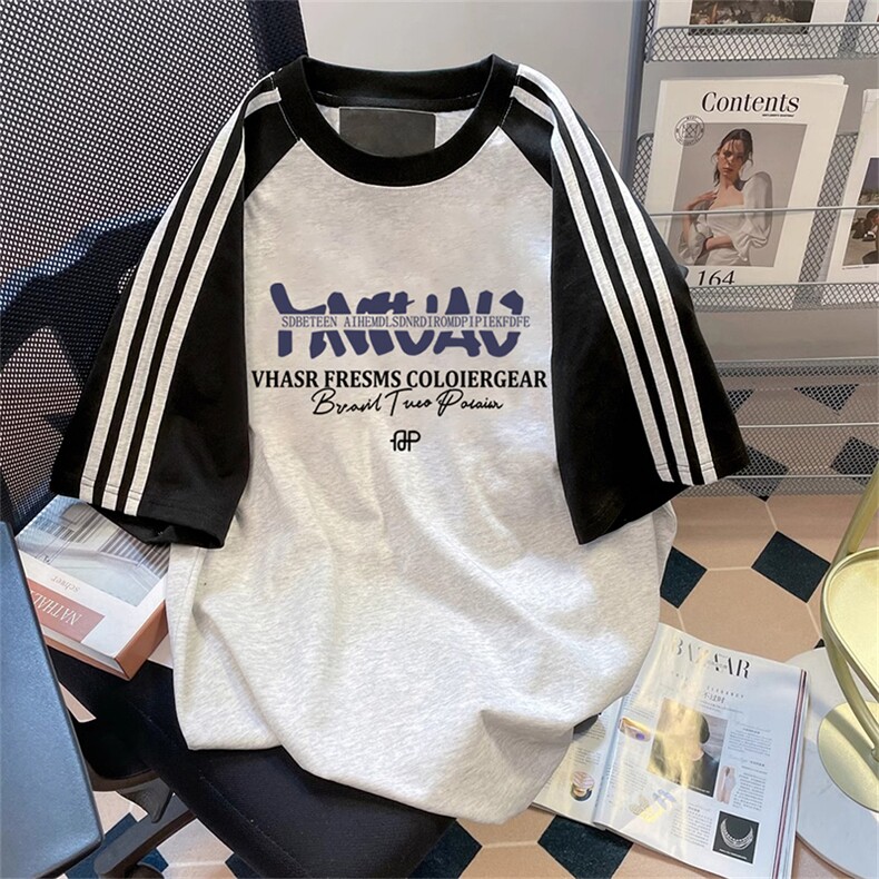 夏季美式高街重磅纯棉三条杠织带插肩撞色男女短袖T恤 CZ98-特P25图片
