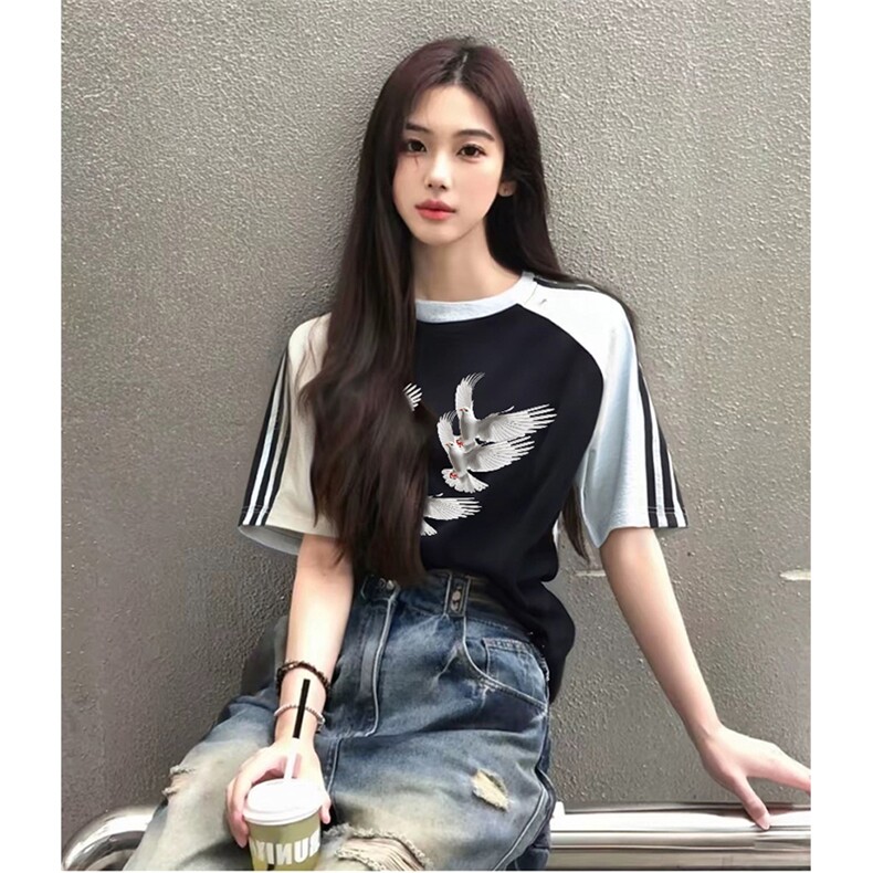 抖音得物品质二开240克宽松纯棉美式潮牌插肩三杠织带短袖T恤图片