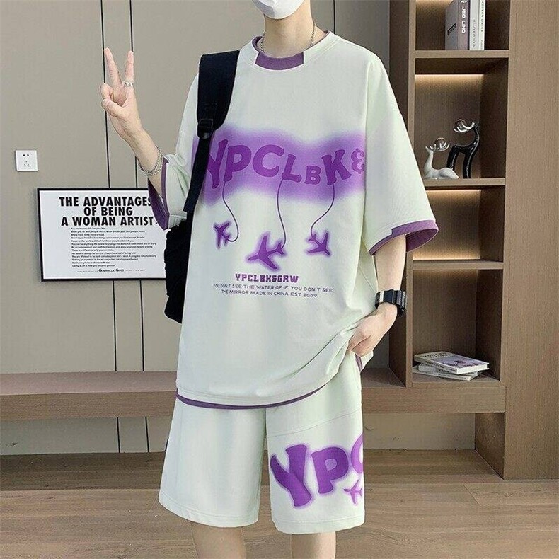TZ25352-P55夏季休闲T恤短裤男两件套青少年学生运动短袖套装,男装牛仔裤,电商D310B
