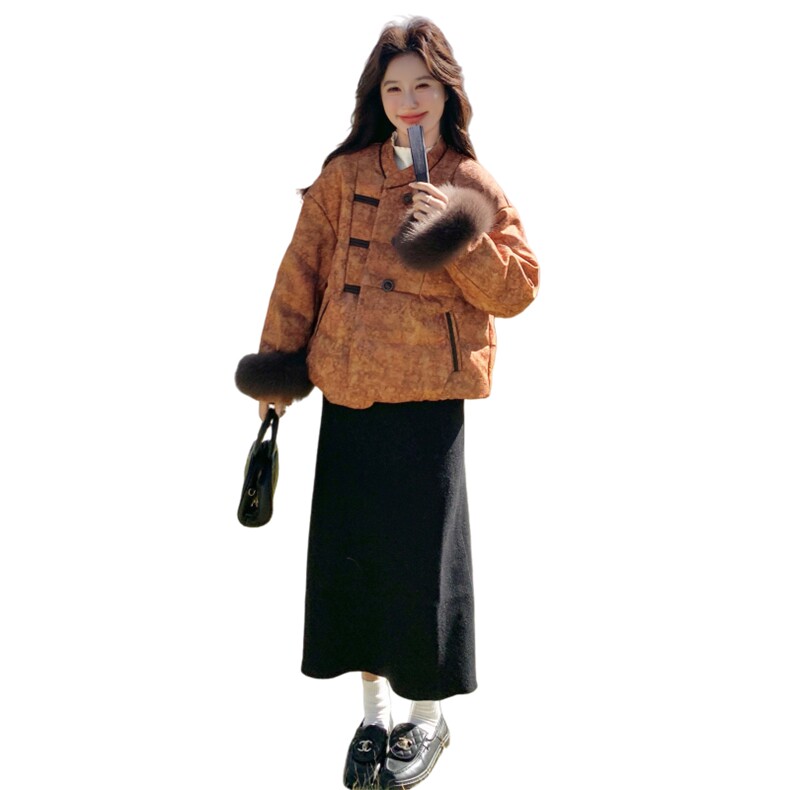 新款2025冬季90白鸭绒羽绒服新中式外套配袖毛8833-P335-K498,女装羽绒服,2C230