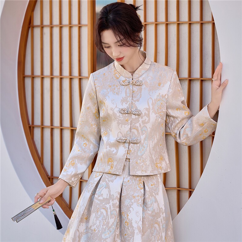 9756时尚复古盘扣提花两件套裙,女装套装/套裙,罗得堡