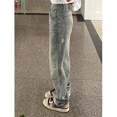 D5157-P45黄泥色星星牛仔裤薄款美式直筒显瘦长裤子-网图现货，男装牛仔裤，星座603-2