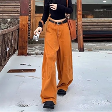 设计感高腰直筒美式辣妹工装裤女潮宽松阔腿休闲拖地裤LG0155-P60，男装工装外套，星座1008