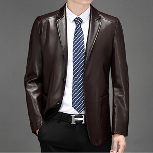 皮衣外套男2023春季新款中年男士商务休闲皮夹克男装休闲西服上衣图片