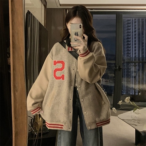 美式棒球服外套女2025秋新款韩系宽松休闲百搭夹克外套C794-P110,ol白衬衫搭配百褶裙图片