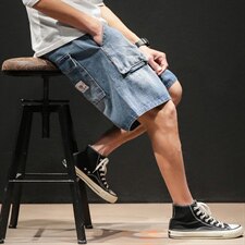 2021夏季新款日系大码男休闲工装五分裤宽松牛仔短裤K8137-P45，男装牛仔裤，电商A001