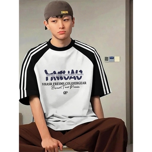 夏季美式高街重磅纯棉三条杠织带插肩撞色男女短袖T恤 CZ98-特P25图片