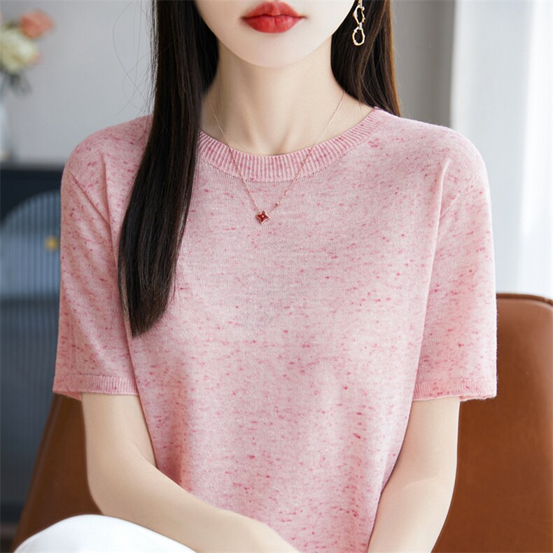夏季一线成衣天丝亚麻针织短袖女圆领点子纱T恤上衣宽松半袖打底,女装T恤,暖烁羊绒