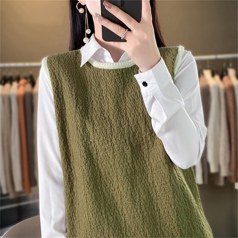 店主！韩系圆领撞色树皮褶针织套头衫女秋休闲叠穿无袖小背心,女装马甲,暖姿羊绒