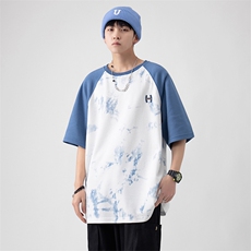 新款夏季短袖珠地面料宽松刺绣印花假两件男士T恤ZDY3414-P50，男装T恤，星座717