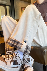 灯芯绒加绒休闲裤 D5302-TP55 控价78冬季港风格子翻边加厚长裤男图片