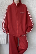 8XL-M条纹撞色开衫新年红卫衣运动套装潮牌运动服校园风TZ114P118，男装休闲套装，电商D206-1