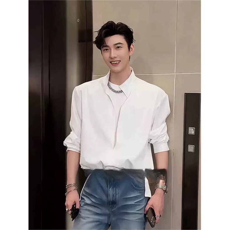FF3416-P382025夏季潮流高级感痞帅设计感假两件立领衬衫,男装衬衫,电商B323A