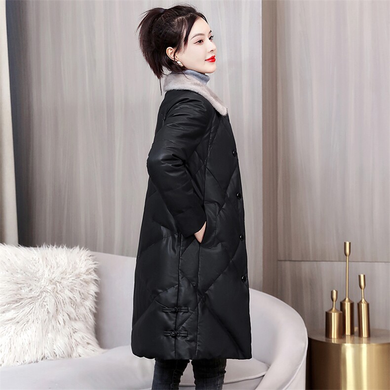 PU皮衣羽绒服女中长款冬2021年新款女款黑色免洗外套,女装皮衣,浙宝281