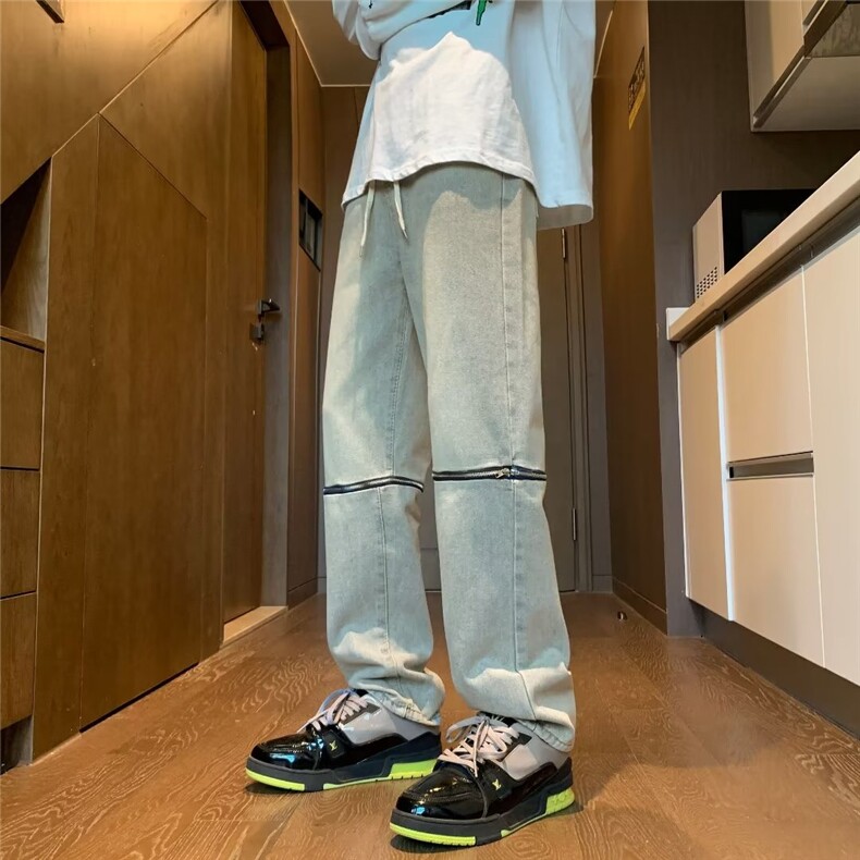 网红同款膝盖拉链破洞牛仔裤水洗高街男休闲裤百搭K8181-P50,男装牛仔裤,星座1109-3