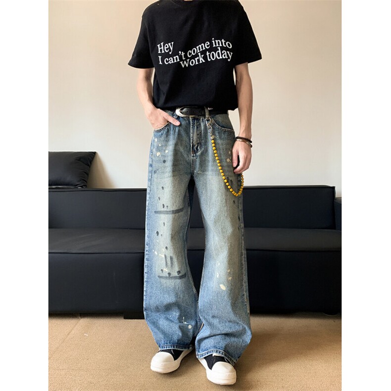 美式复古泼墨涂鸦baggy破坏弯刀牛仔裤阔腿休闲长裤N0684-P53图片