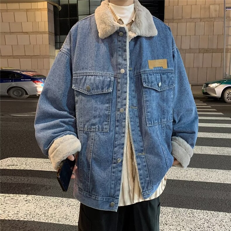 冬季新款羊羔毛棉衣男加绒牛仔外套潮流宽松情侣棉服加厚夹克上衣,男装工装外套,星座410-7