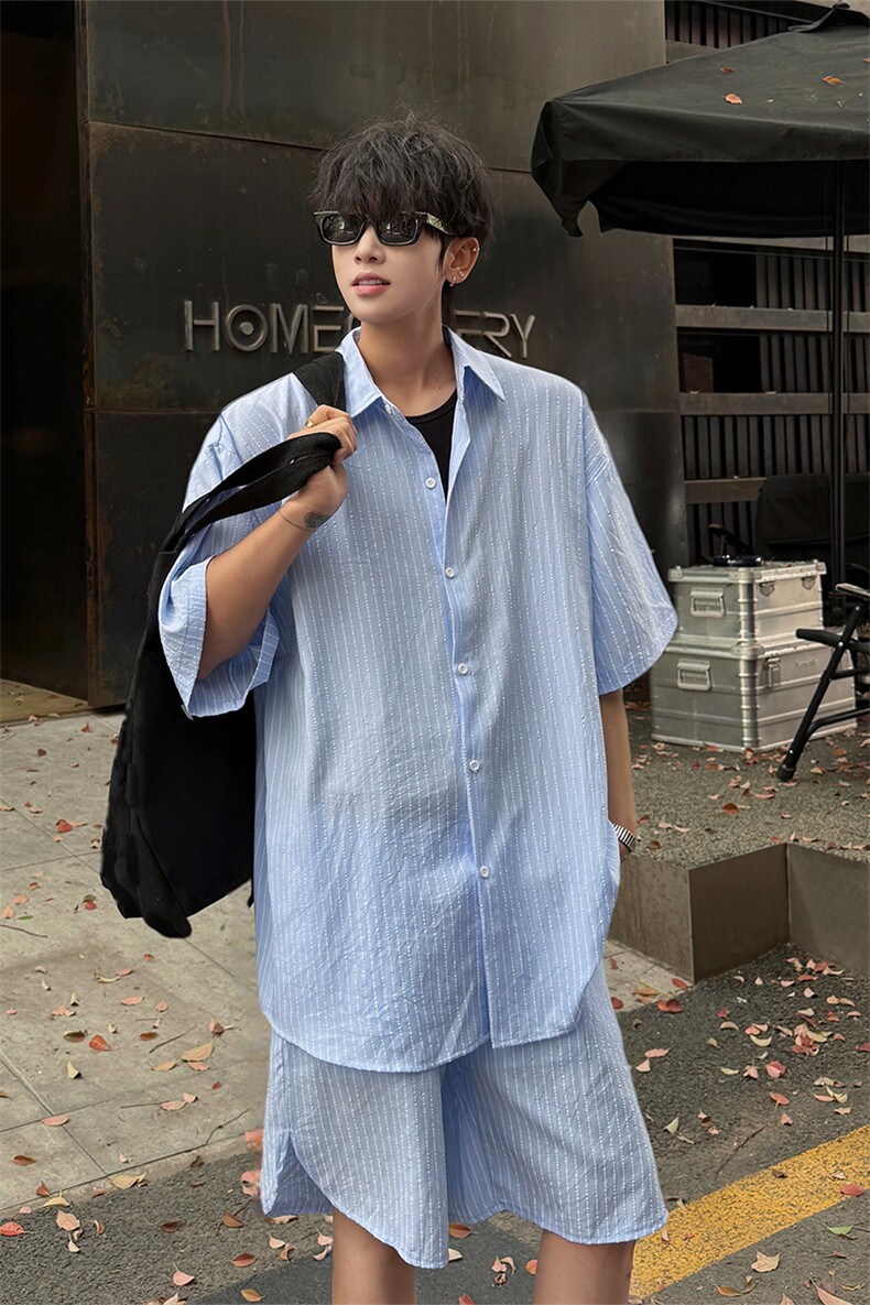 时尚套装男慵懒风条纹蓝色短裤长袖衬衫套装潮流时尚套装特P55,男装牛仔裤,电商B319