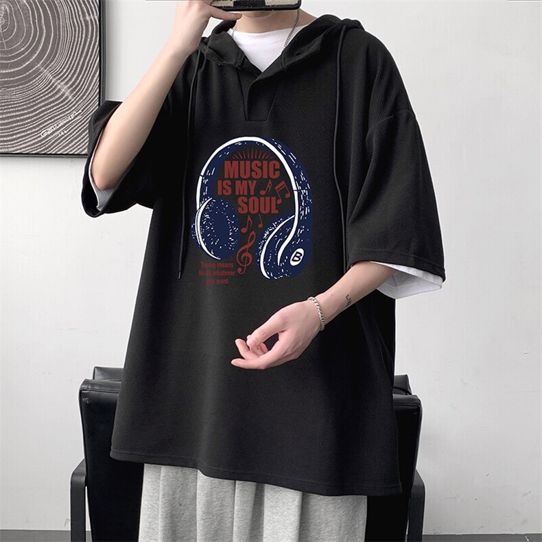 LD54422-P45NASA连帽短袖t恤男大码胖子带帽五分袖中袖,男装T恤,电商A040
