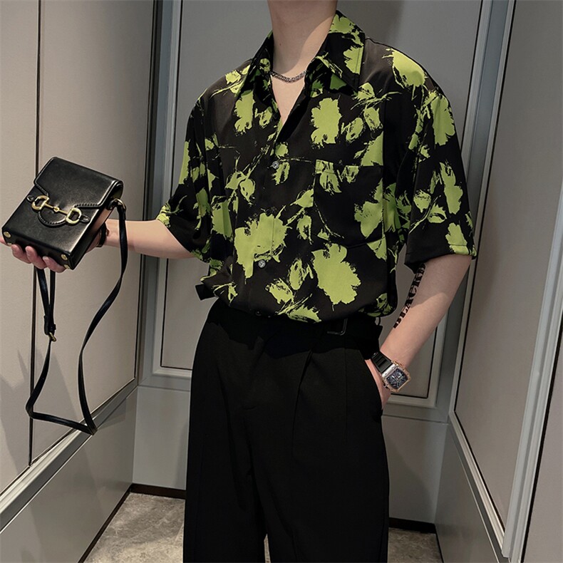 夏季韩版ins痞帅短袖印花衬衫男宽松垂感高级衬衣潮CS810-P55控75,男装T恤,电商B267