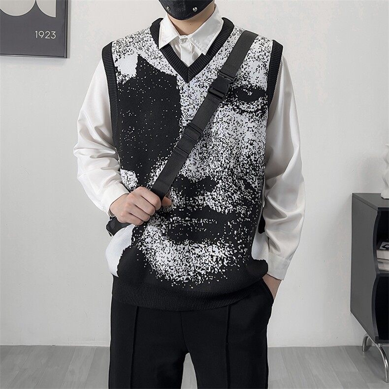 秋款男V领马甲毛衣背心人物扎染印花拼色针织衫MJ848P55,男装背心/马甲,星座1013-1