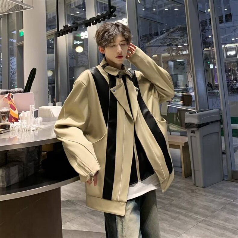 2024拼接外套垫肩机车服美式潮牌PU皮夹克PY139-P97,男装皮衣,星座313A-2