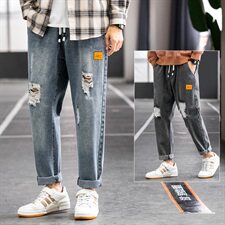 秋季牛仔裤男直筒宽松阔腿休闲长裤潮牌破洞九分裤子903-P45，男装牛仔裤，电商A318