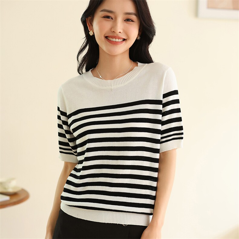 条纹时尚日杂风圆领超细精纺羊毛衫短袖女拼色薄款上衣针织衫背心，女装T恤，伊绒腾羊绒