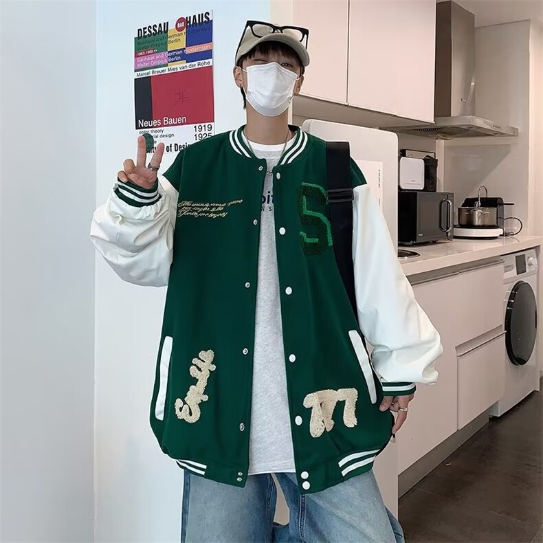 绿色棒球服男ins潮春秋2023新款美式复古高街毛巾绣夹克YK75P60,男装夹克,星座1116-2