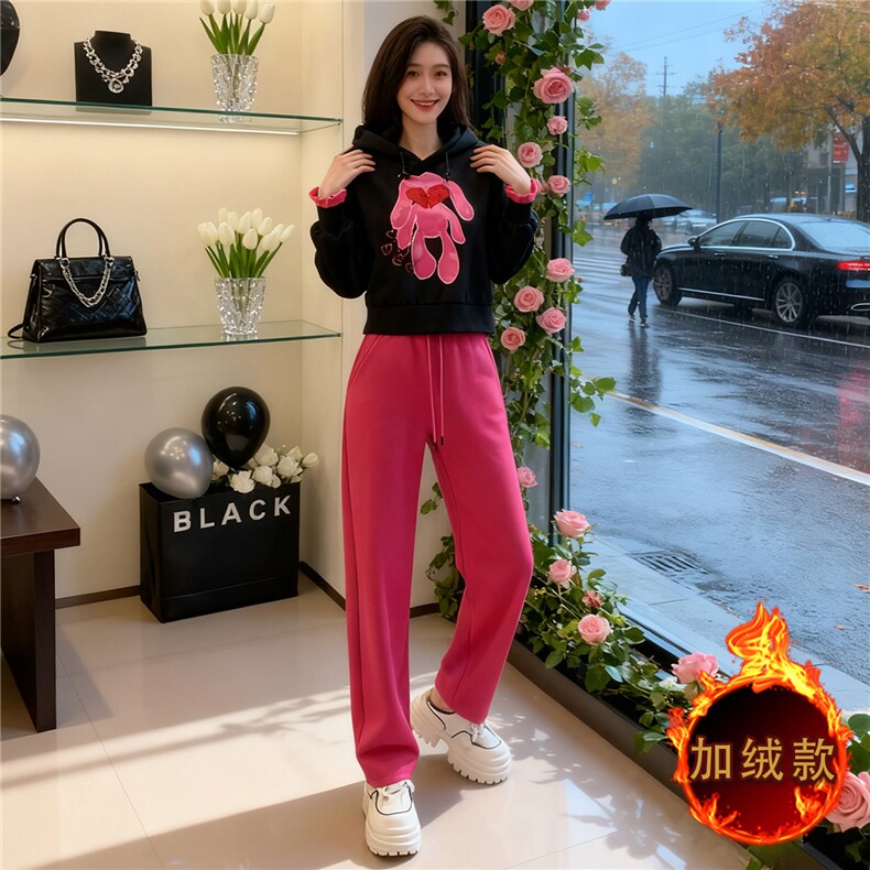 休闲运动套装女秋冬新款潮流时尚卡通刺绣连帽卫衣直筒长裤两件套,女装套装/套裙,江南