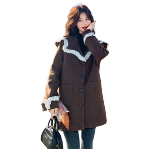 现货：新款设计感拼色花边大翻领咖色羽绒服2C135-8928P275K428图片