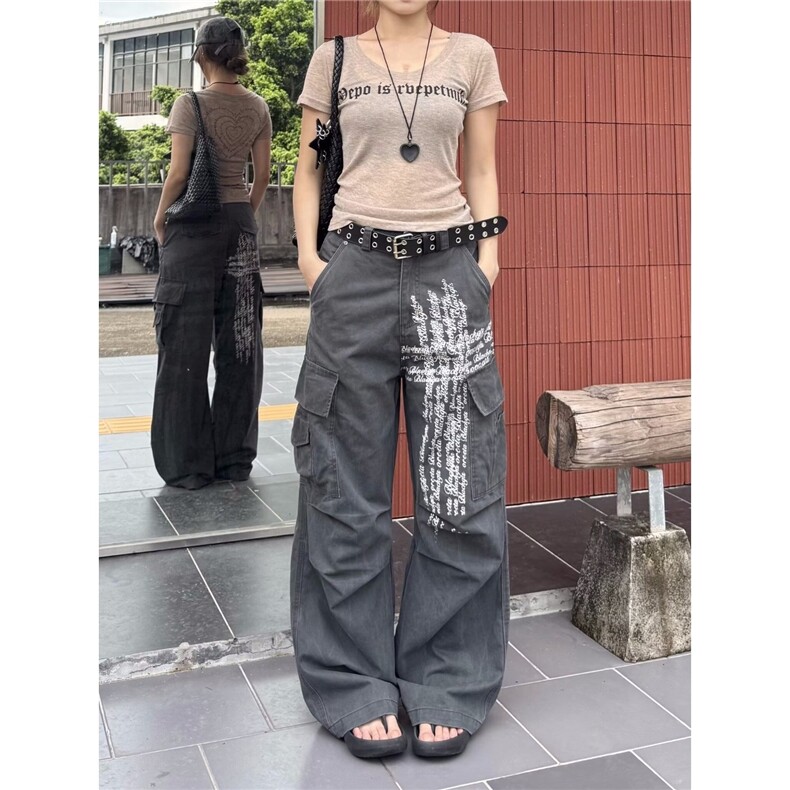 美式做旧水洗工装牛仔裤男女设计感多口袋休闲阔腿长裤AM3156 P68图片