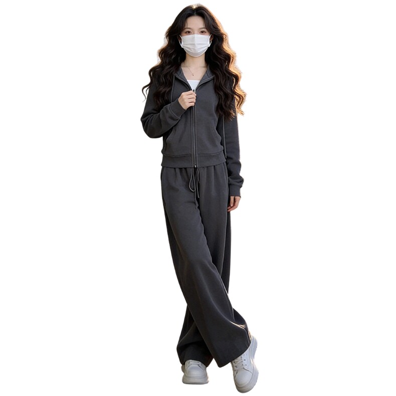 女春款欧货时尚休闲套装灰色连帽开衫上衣宽松软糯阔腿长裤两件套,女装套装/套裙,2C310