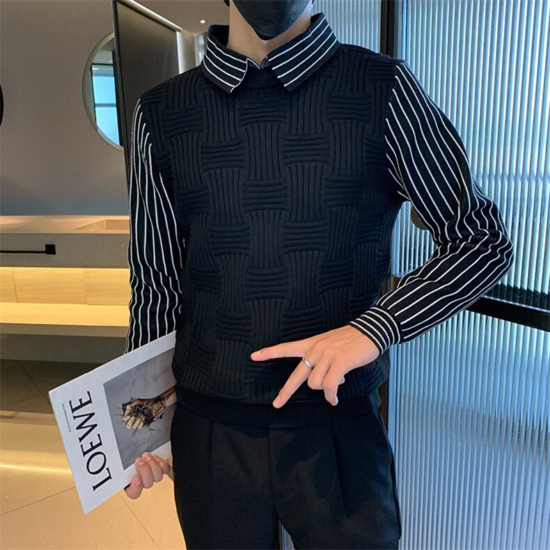 秋冬季节新款拼接条纹假两件衬衫男士时尚潮流毛衣MY0846-P55,男装针织衫/毛衣,星座308B-2