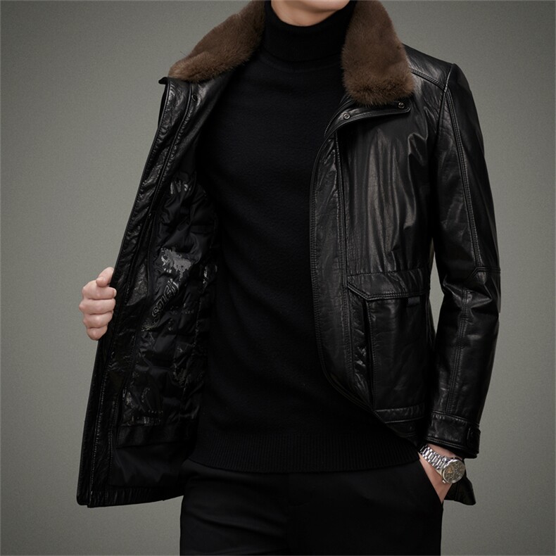 秋冬新款海宁真皮羽绒服男牛皮外套中长款水貂毛领皮衣大衣P1200,男装皮衣,电商B360A（原721A）