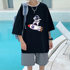 YT26158-P30亚麻短袖t恤男大码五分袖男宽松七分袖港风模特，男装T恤，电商A040
