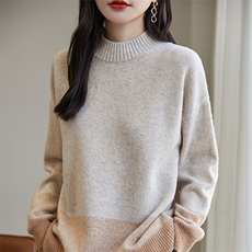 半高领花纱拼色100%纯羊绒衫女保暖宽松慵懒软糯毛衣针织打底上衣，女装羊毛衫，宏杨羊绒