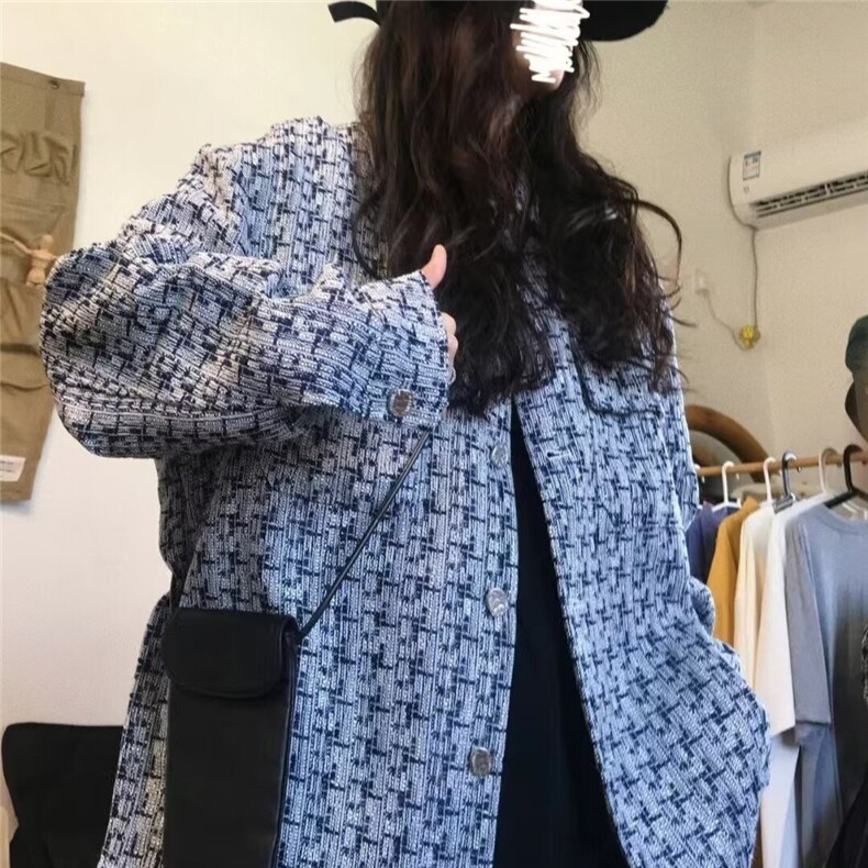 小香风复古粗花呢中长款外套女2024春季港味韩版百搭显瘦宽松上衣,男装夹克,星座506A