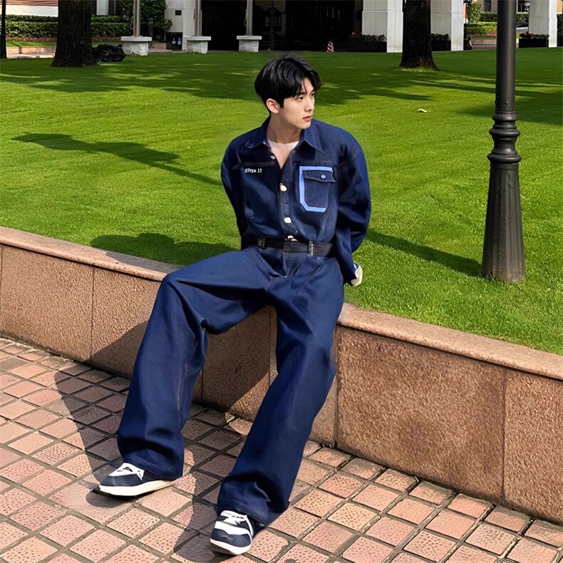 送腰带水洗牛仔连体衣套装班服团服集体服牛仔连体裤，男装休闲套装，星座112A