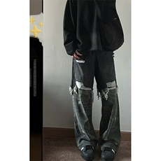 小众迷彩拼接阔腿牛仔裤男春秋新款美式高街宽松休闲嘻哈直筒裤子，男装牛仔裤，星座601-2