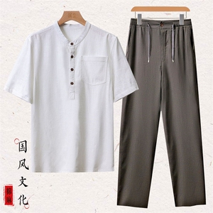 主推！棉麻套装2024新款夏季风亚麻短袖T恤休闲长裤套装图片