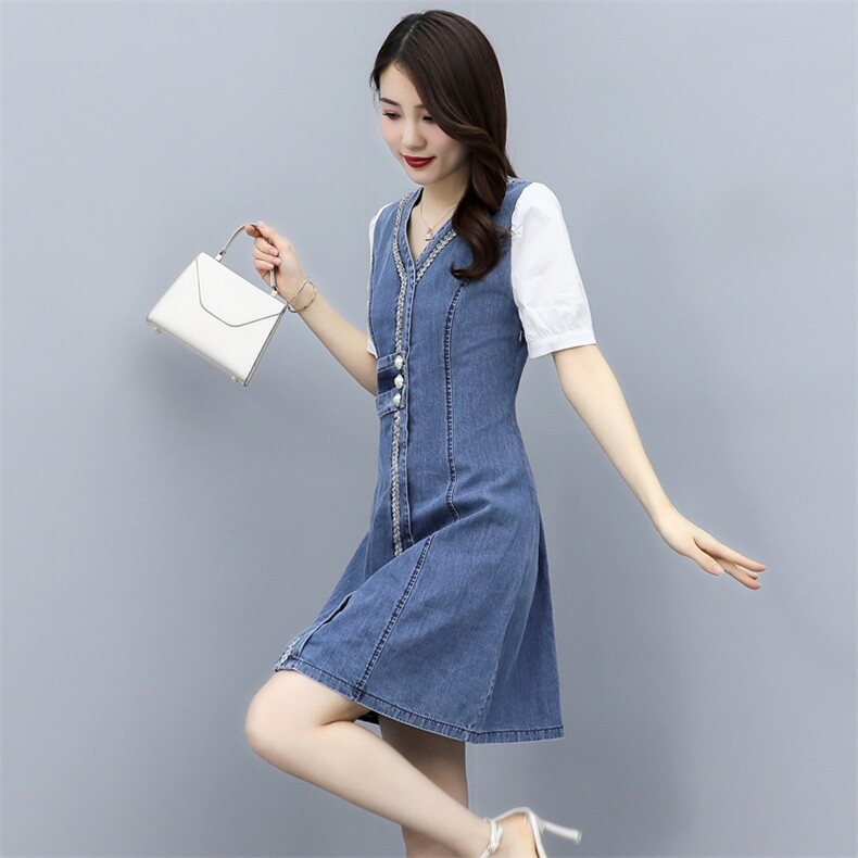 2021新款夏韩版衬衫袖拼接牛仔连衣裙短袖修身显瘦,女装连衣裙,瑶迪依秀