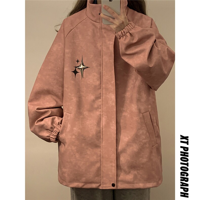 1中性风PU皮复古做旧可拆卸四芒星胸针设计夹克男JK77757P90控128，女装短外套，星座226-2