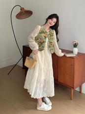 超好看提花马甲连衣裙套装女2025春季新款法式设计感仙女裙两件套，女装套装/套裙，浙宝301