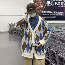 菱形格子毛衣男秋冬季港风复古ins潮流针织衫M5516P40，男装针织衫/毛衣，星座1116-2