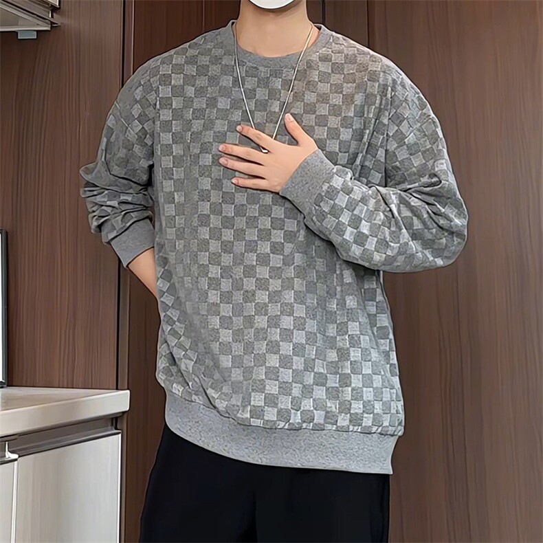 S5020/特P32春装新款棋盘格套头卫衣男潮宽松百搭长袖T恤外套,男装T恤,电商A141