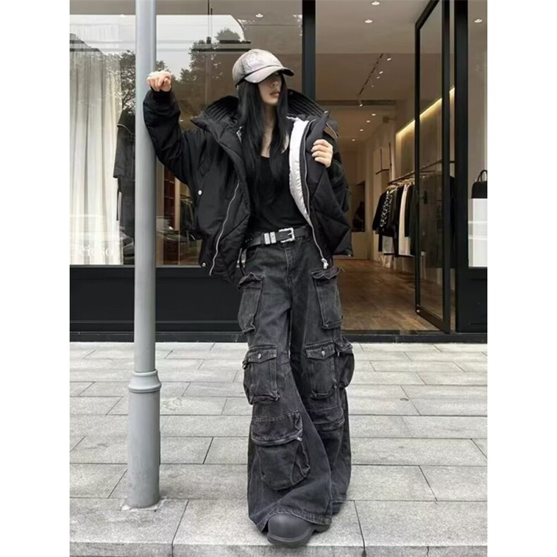 1506/400/P75美式重工多口袋拼接小众设计感痞帅休闲喇叭长裤,男装休闲裤,星座1506