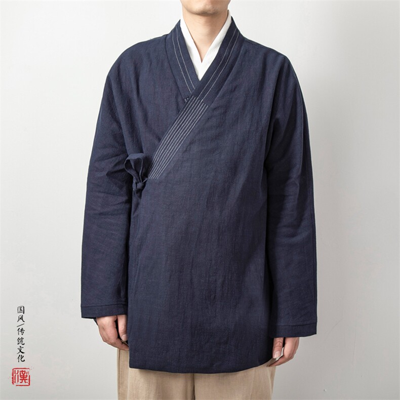 2025秋冬新款风男装棉麻男士汉服中长款棉麻外套H27P90,男装民族服装,钱塘802