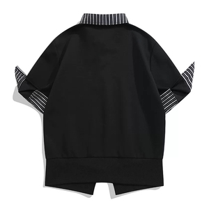 得物抖音高品质二开 夏季美式潮牌假两件条纹衬衫翻领高街短袖T恤图片
